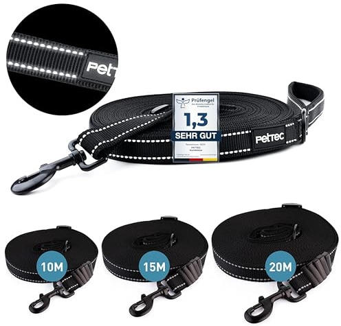 PetTec Schleppleine 10m/15m/20m Trainingsleine für Hunde aus extrastarkem D860 Nylon, schmutz- & wasserabweisend, robuste Lange Langlaufleine/Dog Leash, Schlepp-Leine verstellbar, Welpenleine lang