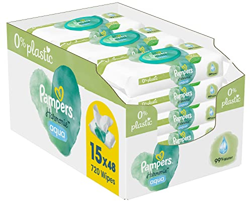 Pampers Harmonie Aqua Feuchttücher 15 Packungen mit jeweils 48 Feuchttüchern - 720 Feuchttücher, die helfen, den natürlichen pH-Wert der Haut wiederherzustellen, leichte Lotion mit 99% Wasser