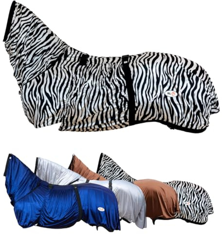RL24 - Ekzemerdecke mit Halsteil & Bauchlatz – Fliegendecke z. Schutz vor Insekten – feinmaschiges Gewebe, doppelter Frontverschluss & Beinschnüre – Pferdedecke in Schwarz/Weiß – 155cm