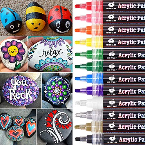 wonsar Acrylstifte Marker Stifte, 12 Farben Wasserfest Acrylstifte für Steine Bemalen, Acrylfarben Stifte für Glas Kinder DIY Keramik Porzellan Metall Kunststoff Holz, Leinwand (Medium Spitze)