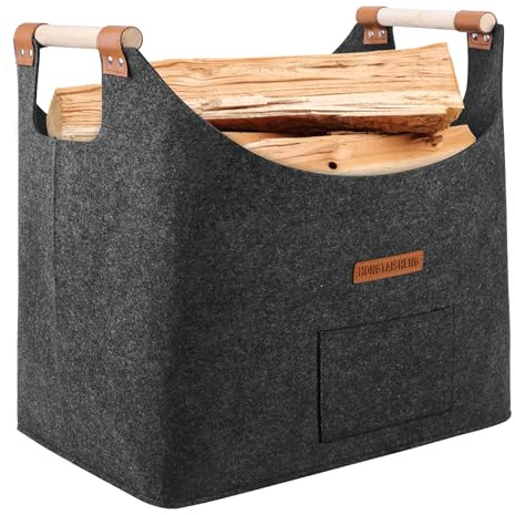 XL Faltbarer Holzkorb für kaminholz Extra dicker Filz und verstärkter Griff | Kaminholzkorb für Einkauf, Holz, Zeitung oder Brennholz | Brennholzkorb Filzkorb(Schwarz)