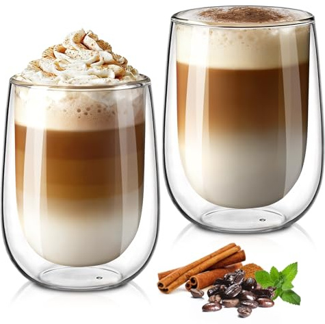 glastal 350ml Doppelwandige Latte Macchiato Gläser Set Borosilikatglas Kaffeetassen Glas 2er Set Kaffeeglas Teegläser für Cappuccino,Latte,Tee,EIS,Eistee,Iced Americano,Milch,Saft,Bier