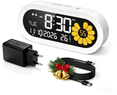 Digitaler Wecker für Schlafzimmer, VA-LCD-Display, Dual-Alarm & Snooze | 3 Helligkeitsstufen, Wochenendmodus, Batterie-Backup, 4 Wecktöne, Lautstärke einstellbar, USB-C Stromversorgung für Studium