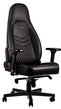 noblechairs ICON Echtleder Gaming Stuhl - schwarz/schwarz | Genarbtes Echtleder, Kaltschaumpolsterung, 60-mm-Rollen, bis 150 kg. Inkl. Kissenset.