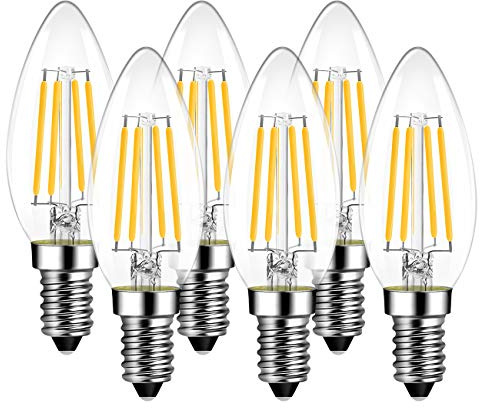 LVWIT E14 Kerze LED Lampe 6W 806 Lumen für Kronleuchter, E14 Glühfaden Retrofit Classic Glühbirne, ersetzt 60W, 2700K Warmweiß, Filament Fadenlampe, Glas, nicht dimmbar (6er Pack)