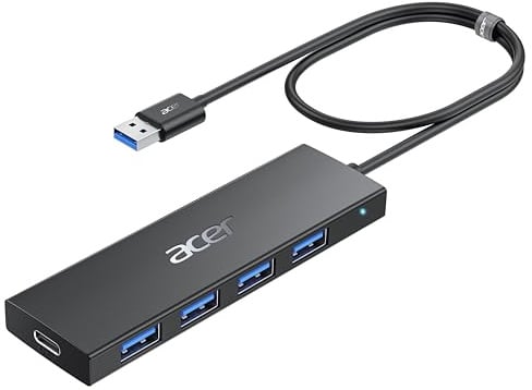 acer USB 3.0 Hub mit USB-C-Stromversorgung, Ultra Slim Typ-A Verteiler 4 Ports Multiport Adapter für PC, Laptop, Tastatur, Maus, HDD, MacBook Pro/Air, iMac, Surface Pro, macOS Windows Linux usw.-60cm