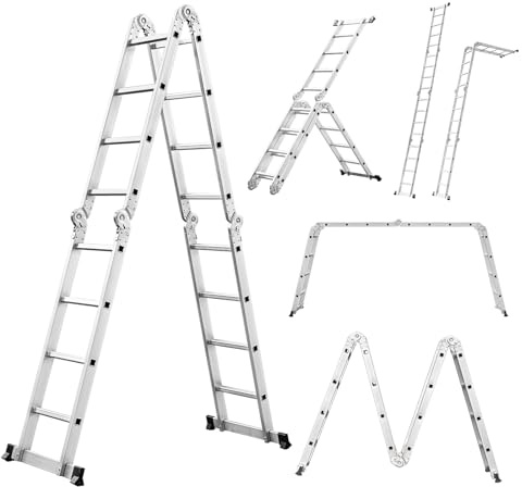 Miscoos 6-in-1 Mehrzweckleiter, 4.7M Klappbare Aluminium Leiter, 4 x 4 Gelenkleiter mit 16 Stufen, Anti-Rutsch, Stabil und Robust, bis 150 kg belastbar