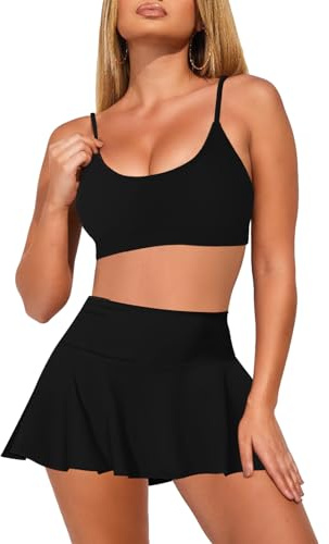 Pink Queen Damen 2-Teilig Bikini Set U-Ausschnitt Spaghetti Straps Hohe Taille Swim Rock Strand Badeanzug Schwarz L