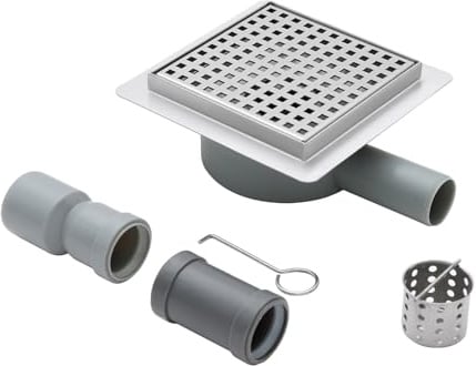 KEOKBON 150 x 150 mm Bodenablauf Dusche Edelstahl Duschrinne mit 360° Siphon, Geruchsverschluss, Haarsieb und 2 Ablaufadapter DN50 DN40, Ablaufrinne Duschablauf