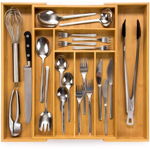 budu Besteckkasten für Schubladen #47 (Tiefe 47cm) aus Bambus - Ausziehbarer Besteckeinsatz - Schubladen Organizer Küche - Schubladeneinsatz - Kitchen drawer organizer