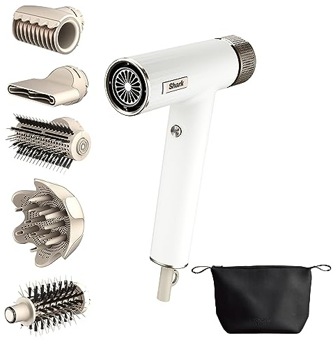 Shark SpeedStyle Haartrockner & RapidGloss Finisher, 5 Aufsätze für Locken und Glättung, für alle Haartypen, schnelltrocknend, glättet fliegende Haare, Schutz vor Hitzeschäden, ionisch, Seide, HD352EU
