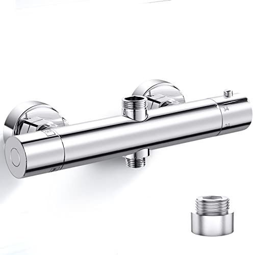 Duscharmatur Mit Thermostat Runden, Oben 3/4(26.4 mm) + Unten 1/2(21 mm) | Duschthermostat Messing Mischbatterie für Dusche mit 2 Auslässen, Brausearmatur mit 38 °C Sicherheitstaste, 150mm Wandmontage