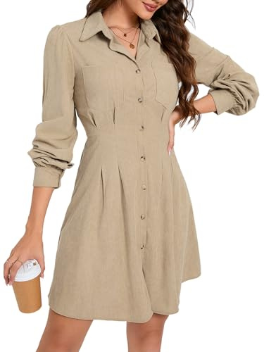 KOJOOIN Blusenkleid Damen Langarm Corduroy Hemdkleid A-Linien Tunika Kleid Minilänge Cordkleid mit Tasche und Knopfleiste（Verpackung MEHRWEG）