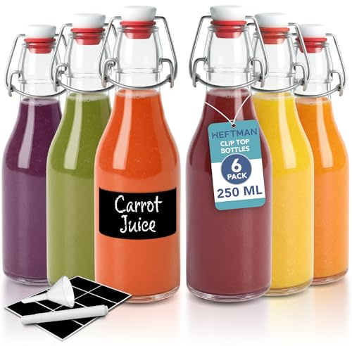 HEFTMAN Clip-Top Einmachflaschen – 6 Packung mit 250 ml transparenten Glasflaschen mit luftdichten Verschlüssen, Bügelverschlussflaschen für Bierbrauen, Wein, Gewürze, Getränke, Öl und Essig - 6 Stück