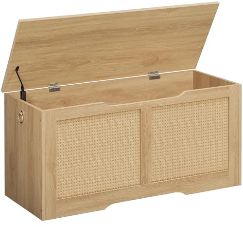 HOOBRO Truhen, Sitzbank mit Stauraum, Spielzeugkiste mit Deckel, 100 cm Rattan-Aufbewahrungstruhe mit Sicherheitsscharnier, Aufbewahrungsbox, für Kinderzimmer, Schlafzimmer, Natur ENL11CW01G1