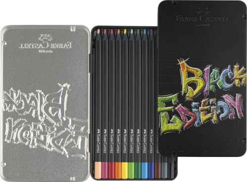 FABER-CASTELL - Buntstifte Set Black Edition 12-teilig im Metalletui | Brillante Farbstifte für helles und dunkles Papier mit weichem Farbabstrich, bruchsichere und ergonomische Malstifte