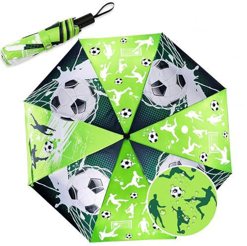 DPKOW Farbwechsel bei Regen Regenschirm Kinder, Pferde Einhorn Dinosaurier Fußball Regenschirm Taschenschirm für Schulranzen, Fussball Geschenke Jungen Mädchen Einschulungsgeschenke, 98cm