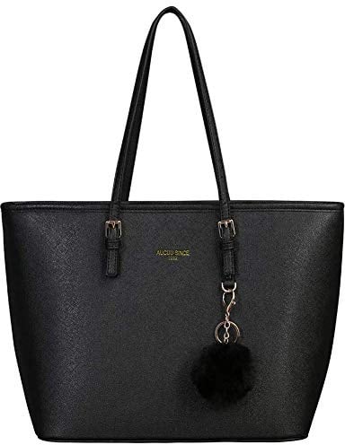 URAQT Damen Handtasche Schwarz, Shopper Handtasche Leder Tasche, Groß, für Büro Schule Einkauf mit Kaninchen Pelz Kugel Plüsch Schlüsselring