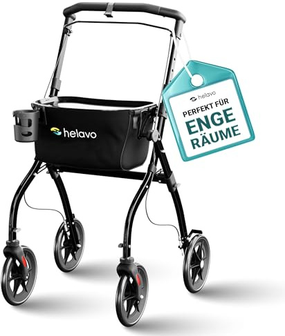 Helavo schmaler Wohnungsrollator - 60 cm breiter Rollator für Wohnung - Indoor-Rollator mit Tablett und Transportkorb