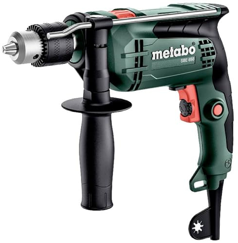 metabo SBE 650 Schlagbohrmaschine, 650 W Bohrer mit 13 mm Bohrfutter | Inkl. Zahnkranzbohrfutter, Bohrtiefenanschlag und Zusatzhandgriff, 10 Nm Drehmoment, Vario-Elektronik, fuer Holz und Beton