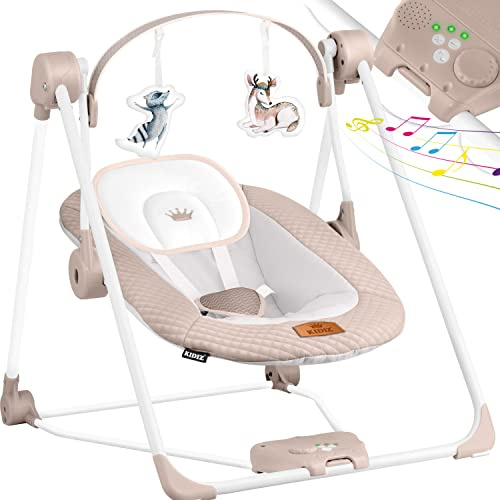KIDIZ® Babywippe Babyschaukel mit 5 Geschwindigkeitseinstellungen zusammenklappbarer Baby Wippe Schaukel Babyhochstuhl mit Spielbogen Spielzeugen 5 einzigartige Naturgeräusche, Beige