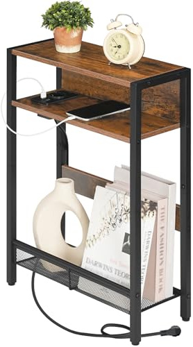 CHOEZON Beistelltisch Schmal, Sofatisch mit Ladestation, Nachttisch | mit 2 Holzwerkstoffplatten und 1 Metallregal, für kleine Räume, Wohnzimmer, Vintagebraun und Schwarz DTBZ05CBF