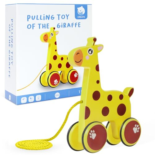 HOTUT Nachziehtiere aus Holz, Nachzieh-Giraffe, Nachziehspielzeug ab 1 Jahr, Süßes Hinterherzieh Tier für Kinder ab 12 Monaten, Baby Holz Hinterherziehen Spielzeug Geburtstagsgeschenk