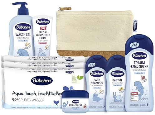 Bübchen Pflegeset für Neugeborene, 7-teilig – Geschenkset mit Baby-Produkten, von mildem Shampoo bis pflegender Wundschutzcreme, ohne Silikone