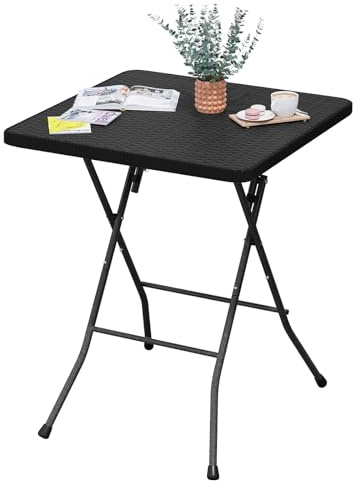 eSituro Klapptisch Gartentisch, Beistelltisch Outdoor, klappbarer Balkontisch Campingtisch Bistrotisch, Quadratische Tischplatte in Rattanoptik, Schwarz, 61x73x61 cm