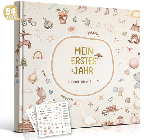 Hyggartn Mein Erstes Jahr Babyalbum mit 84 Seiten und 2 Stickern Personalisierte Geschenke Baby Geschenk Geburt Junge & Mädchen Fotoalbum Baby Erinnerung Babytagebuch 21x21 cm (Niedliche Motive)