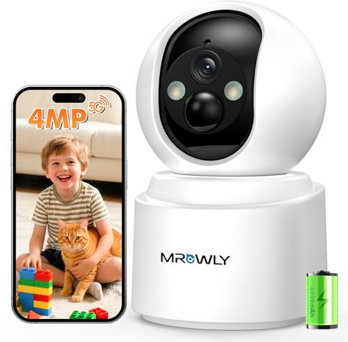 Mrowly Überwachungskamera Innen Akku, 2,5K/4MP | WLAN Indoor Kamera Schwenkbar mit akku, 2,4/5 GHz, Farbnachtsicht, Bewegungserkennung, 2-Wege-Audio, für Baby/Tier/Zuhause