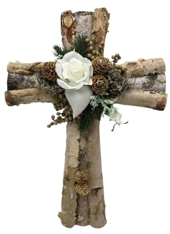 Small-Preis Grabgesteck - liebevoll gestalteter Grabschmuck als Grabaufleger - stilvolles Arrangement - Kreuz Birkenholz mit weißer Rose und Herz (Art.127)