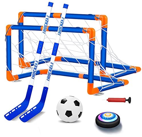 NIWWIN Air Power Fußball，Hover-Fußball 3-in-1 Hockey -Spielzeugset, simuliertes Hockeyspiel, Innen- und Outdoor -Hockeyspielzeug, geeignet für Kinder Jungen Mädchen ab 3 4 5 6 7 8-12 Jahre.