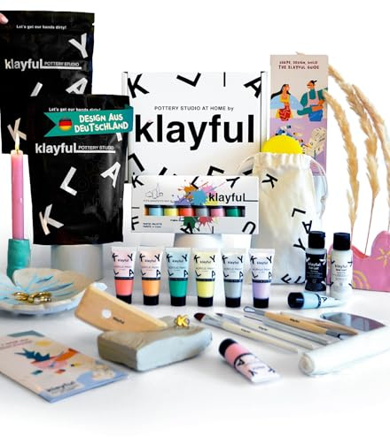 Klayful Töpferset Erwachsene | Pastellfarben | Lufttrocknender Ton | Keramik Bemalen Set | DIY Bastelset Anfänger | Werkzeuge, Acrylfarben, Pinsel, Anleitung