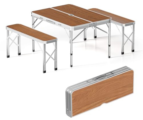 Wiltec Koffertisch mit 2 Bänken Holzdesign Aluminium 90x66x70 cm Campingtisch klappbar Sitzgruppe Campingmöbel Outdoor Camping Tisch faltbar