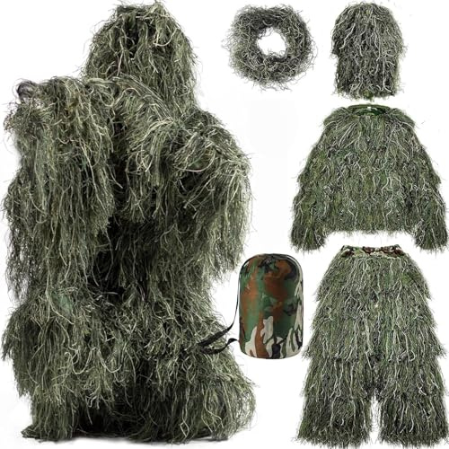 Beler Ghillie Suit, 5-teilige 3D Camouflage Anzug Tarnanzug, Wald und Jagd Verdeckt Kostüm Camouflage Set (Waldgrün, S)