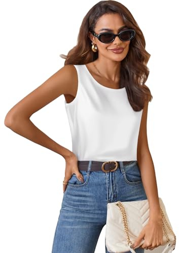 Zeagoo Seidentop Damen Satin Trägertop Rundhals Blusentop Ärmellose Läsige Tank Top Lang Satinbluse Sommer Elegant Cami Shirt Basic Oberteile Weiß L