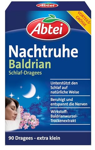 Abtei Nachtruhe Baldrian Schlaf-Dragees N - pflanzliches Arzneimittel für erholsamen und gesunden Schlaf sowie bei nervlicher Belastung - ohne Gewöhnungseffekt - 1 x 90 Dragees