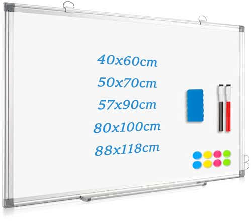 QUEENLINK Magnetisch Whiteboard, 40x60cm Magnettafel mit Aluminiumrahmen, Magnetwand White Board mit Stiftablage und Haken