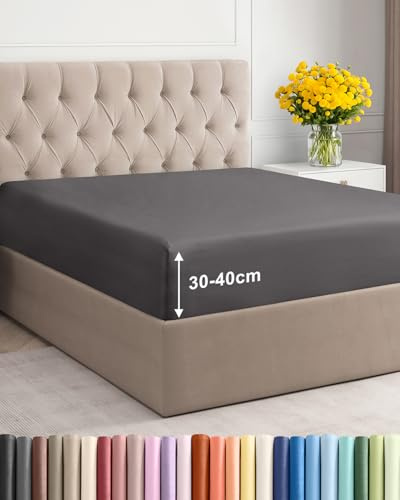 Spannbettlaken 200x200cm Dunkelgrau - Extra Tiefes Spannbetttuch für Matratzen & Boxspringbett bis 40cm (16) Höhe - Mikrofaser - Weiche Gebürstete - Knitterfrei, Schrumpf- & Farbbeständig - Oeko-TEX