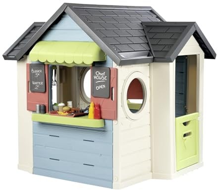 Smoby Life - Chef Spielhaus (124x132x135 cm) mit mind. 60% Recycling-Anteil - wetterfestes Gartenhaus für Kinder mit Verkaufstheke und Spielküche - Outdoor-Imbiss für Garten oder Terrasse - ab 2 Jahre
