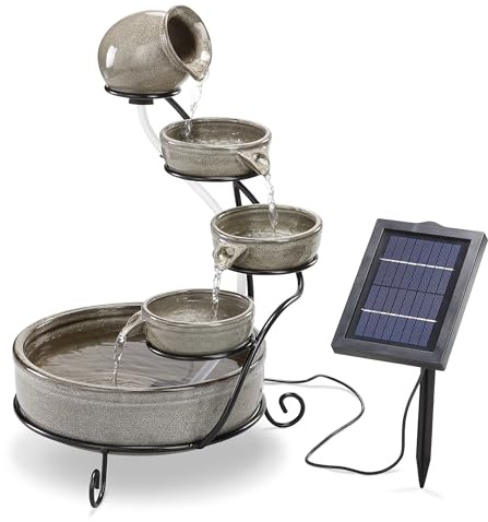 esotec Solar Kaskadenbrunnen Firenze, Keramik, Gartenliebhaber Geschenk, Springbrunnen außen, Gartenbrunnen Wasserspiel, Katzenbrunnen, Wasserfall, wetterfest, terrakotta grau H=55cm 101306