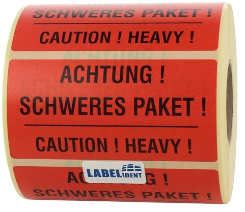 Labelident Warnetiketten 100 x 50 mm - Schweres Paket Aufkleber Achtung! Schweres Paket! Caution! Heavy! - 1.000 Versandaufkleber auf 1 Rolle/n, Papier selbstklebend