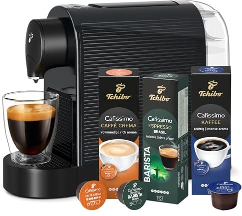 Tchibo Cafissimo „Pure plus“ Kaffeemaschine Kapselmaschine inkl. 30 Kapseln für Caffè Crema, Espresso und Kaffee | 0,8l | 1250 Watt | 11,9 x 33,7 x 24 cm | Schwarz