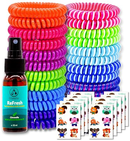 Olleeno® Mückenschutz Set – 24 Armbänder, 30 ml Spray & 60 Aufkleber | Wiederverwendbare Moskito- und Insektenschutz-Armbänder für Outdoor, Camping, Wandern & Sport | Für Kinder & Erwachsene