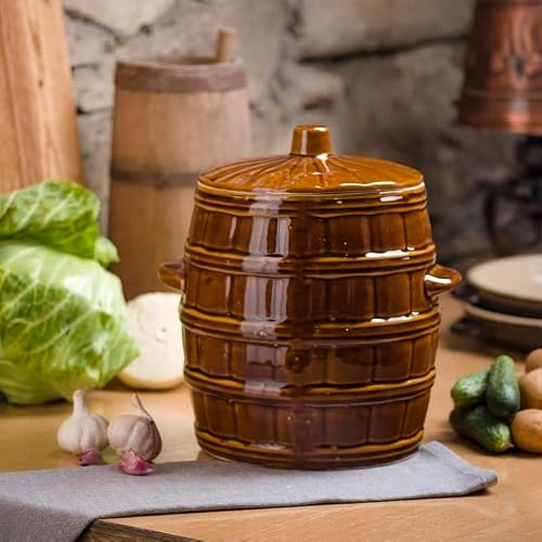 BirnePower Keramikfass Sauerkrauttopf Rumtopf Gurkentopf Gärtopf Tontopf mit Deckel Einlegetopf aus Keramik Steingut Gurkentopf (3,2L)