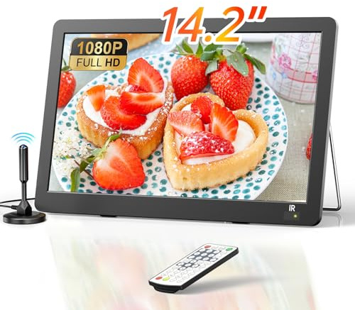 DESOBRY 14.2 Zoll Tragbare Fernseher 1080P | Wiederaufladbare mit DVB-T2-Tuner, Outdoor-TV-Unterstützung HDMI/USB/AV-Eingang, 12v TV für Wohnmobil/Camping