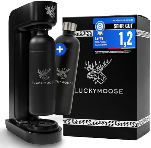 Luckymoose Infinity Wassersprudler mit 2x 1,25L langlebigen, spülmaschinenfesten Edelstahlflaschen – CO₂-sparende Sprudelwasser Maschine – Kompatibel mit den blauen 60l CO₂-Zylindern