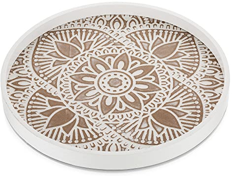 Hanobe Holztablett Deko Tablett Rund: Vintage Dekotablett Weiß Gewaschen 30cm Serviertablett Holz Klein Rundes Kerzen Tabletts Shabby Weiss Boho Kerzentablett Tischdeko für Teelicht Küche Tisch