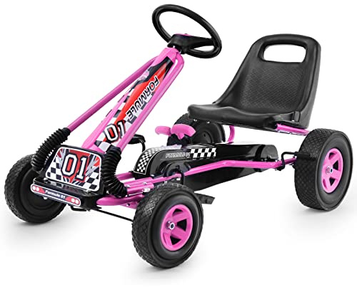 COSTWAY Gokart mit Handbremse und verstellbarem Sitz, Tretauto mit Vor- und Rückwärtsgang, Go Cart für Kinder ab 3 Jahren, Pedal Gokart Tretfahrzeug Pedalfahrzeug Kinderfahrzeug 98x59x61cm (rosa)